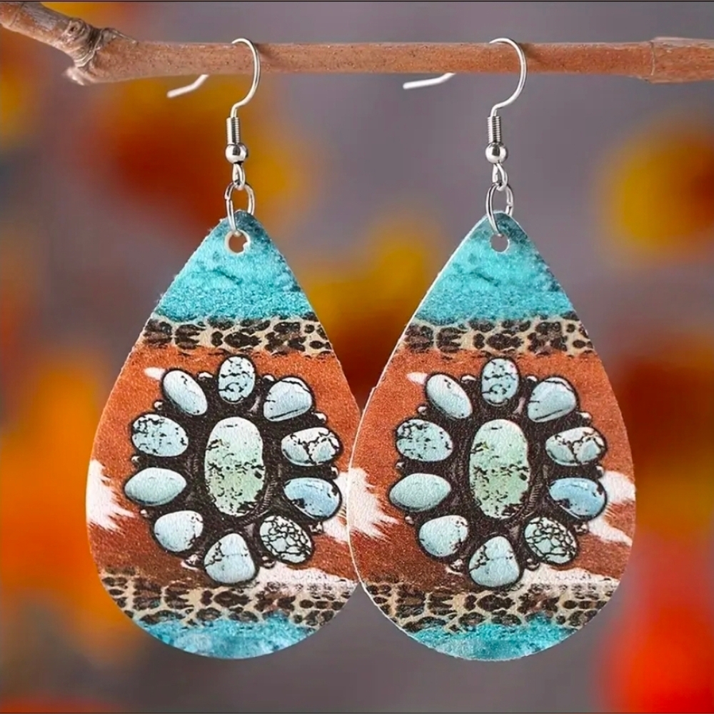 Bohemian Teardrop  Earrings with Turquoise and Brown Animal Print Accents. New